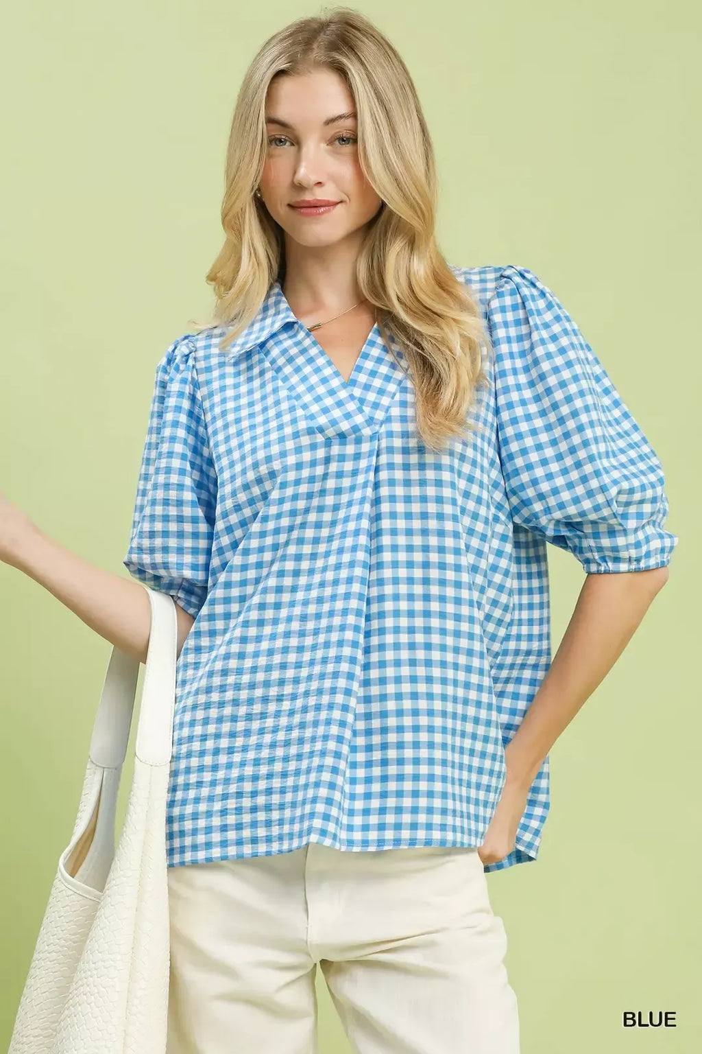 Blue gingham puff-sleeve collared blouse with buttoned V-neck