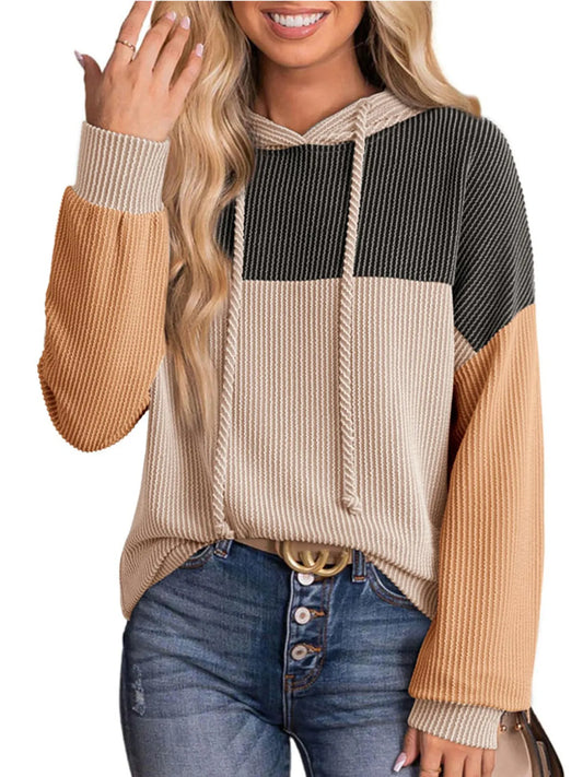 Drawstring Color Block Long Sleeve Hoodie - Tigbul's Variety Fashion Shop