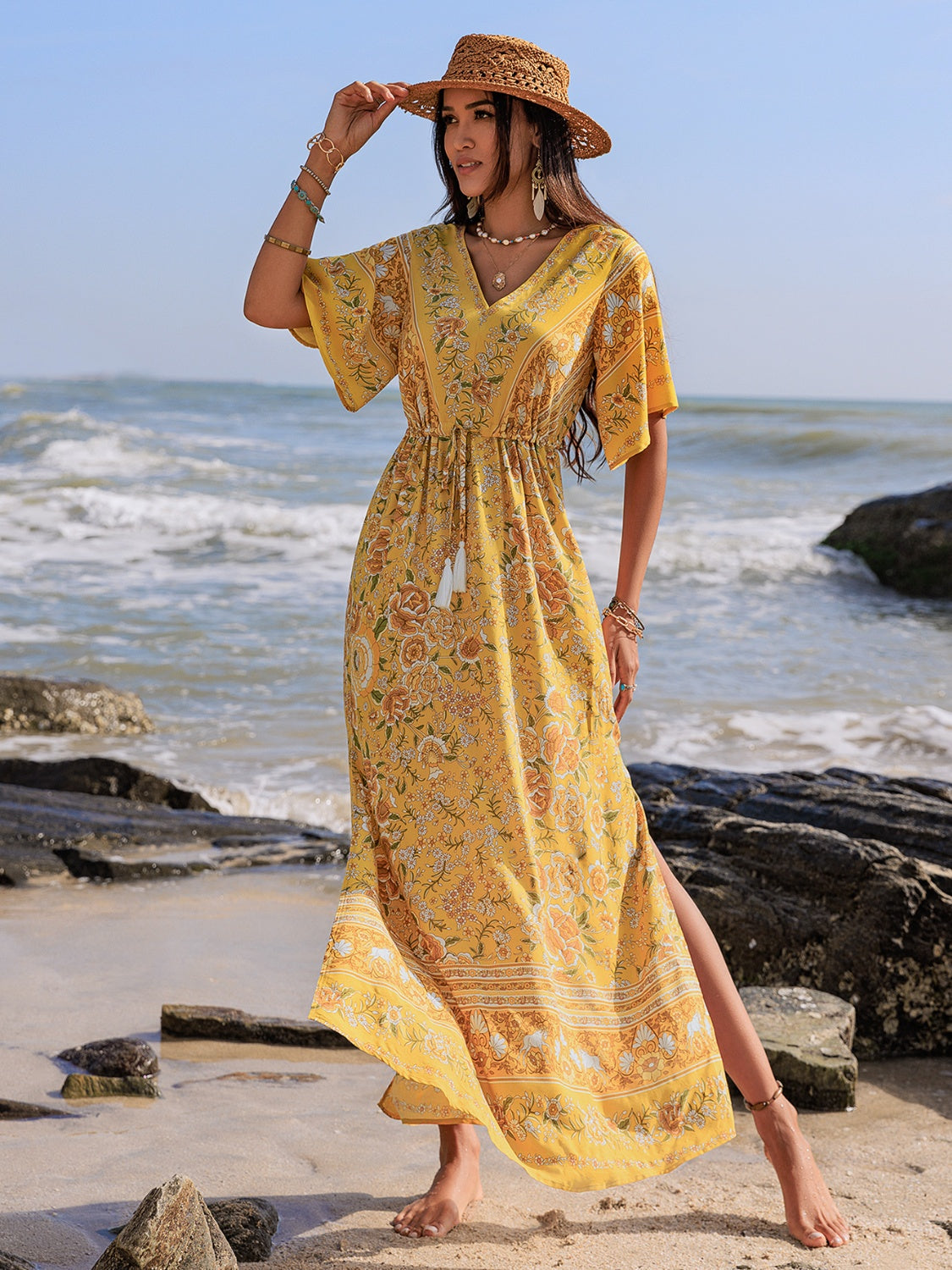 Drawstring Printed Plunge Half Sleeve Dress - Tigbul's Variety Fashion Shop