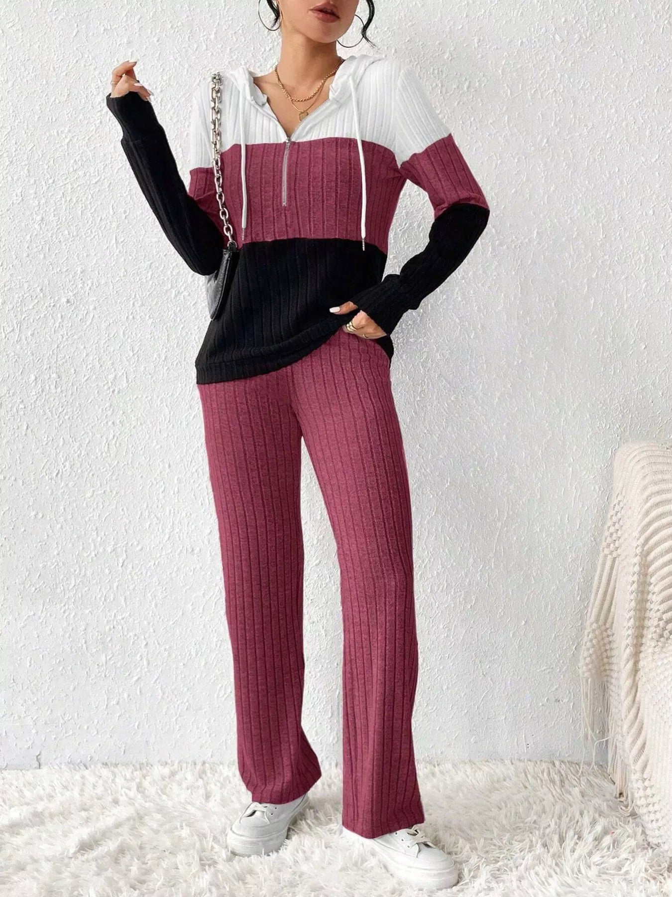 Color Block Half Zip Hooded Top and Pants Set - Tigbul's Variety Fashion Shop