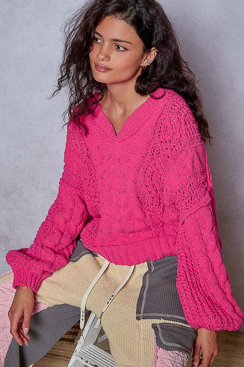 POL Cable-Knit Solid V-Neck Cropped Sweater - Tigbul's Variety Fashion Shop
