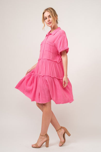 And The Why Full Size Raw Edge Washed Tiered Shirt Dress - Tigbul's Variety Fashion Shop