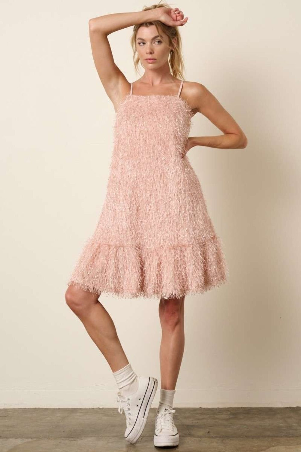 Feather Ruffle Hem Mini Cami Dress - Tigbul's Variety Fashion Shop