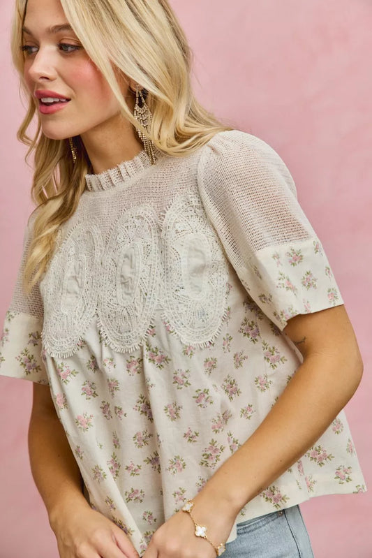SO ME Floral Print Lace Trim Cotton Blouse - Tigbul's Variety Fashion Shop