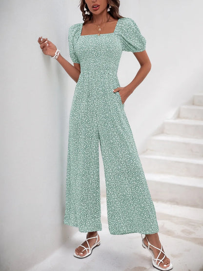 Printed Square Neck Puff Sleeve Jumpsuit - Tigbul's Variety Fashion Shop