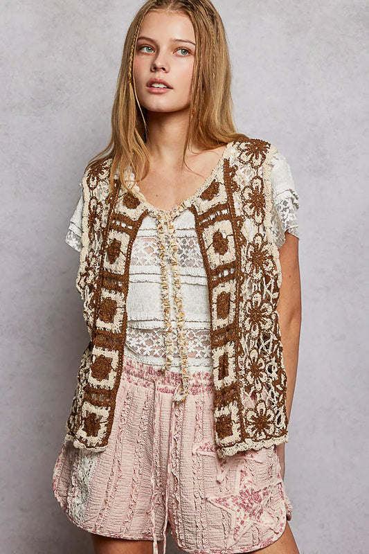POL Tie Front Floral Pattern Crochet Vest with Scalloped Edge - Tigbul's Variety Fashion Shop