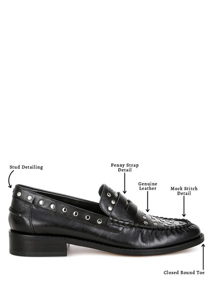 Oglavia Stud Embellished Black Genuine Leather Loafers - Tigbul's Variety Fashion Shop