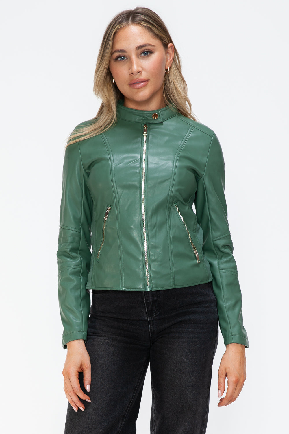 Faux Leather Zip Up Drawstring Hooded Jacket in Sage Green