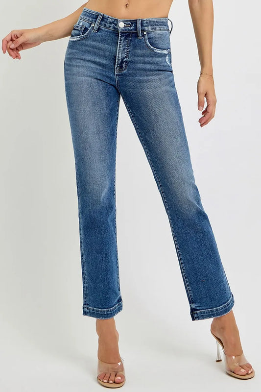 RISEN Full Size Tummy Control Elastic Band Mid Rise Straight Jeans Plus Size - Tigbul's Variety Fashion Shop