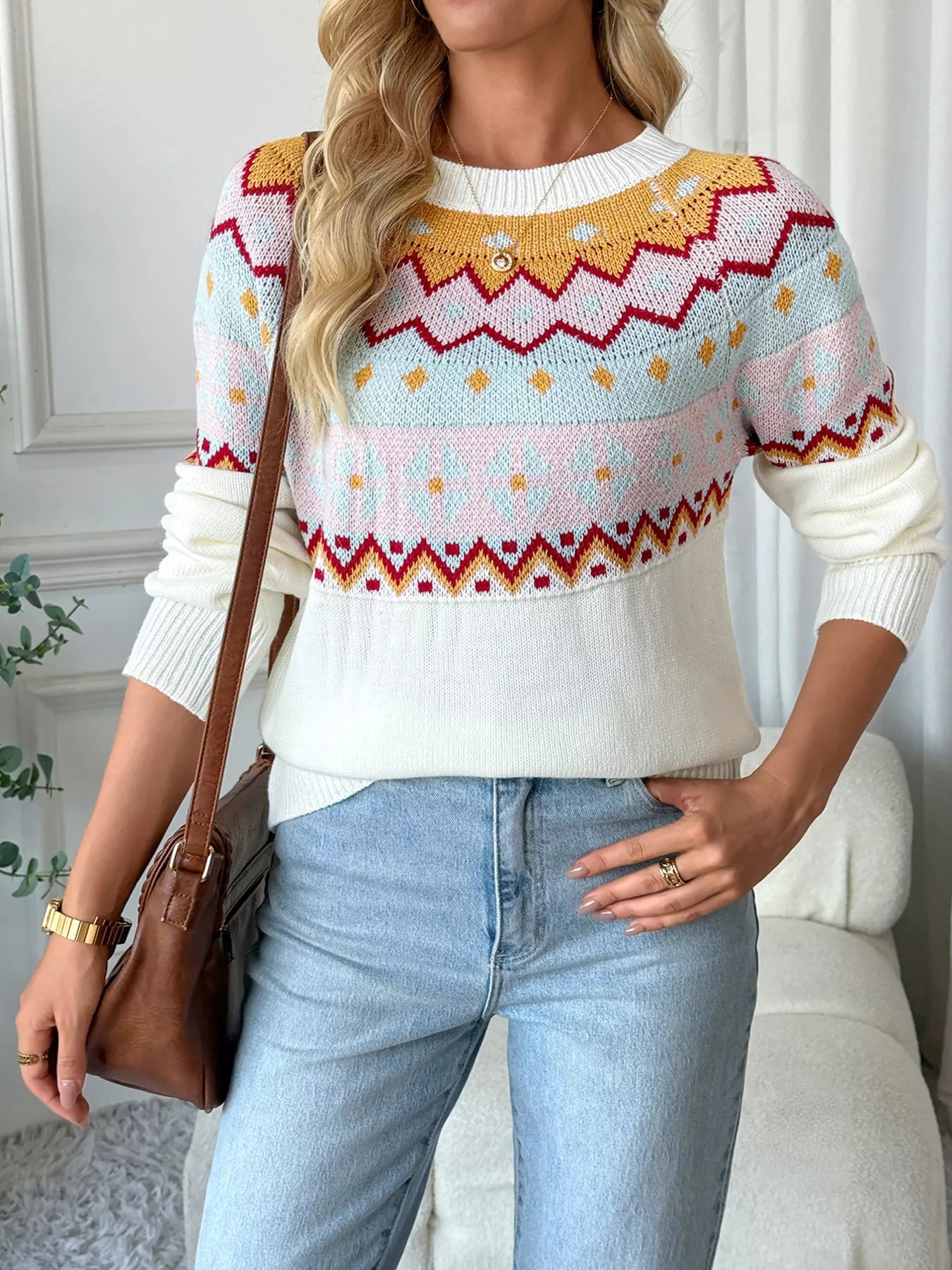 Contrast Round Neck Long Sleeve Sweater - Tigbul's Variety Fashion Shop