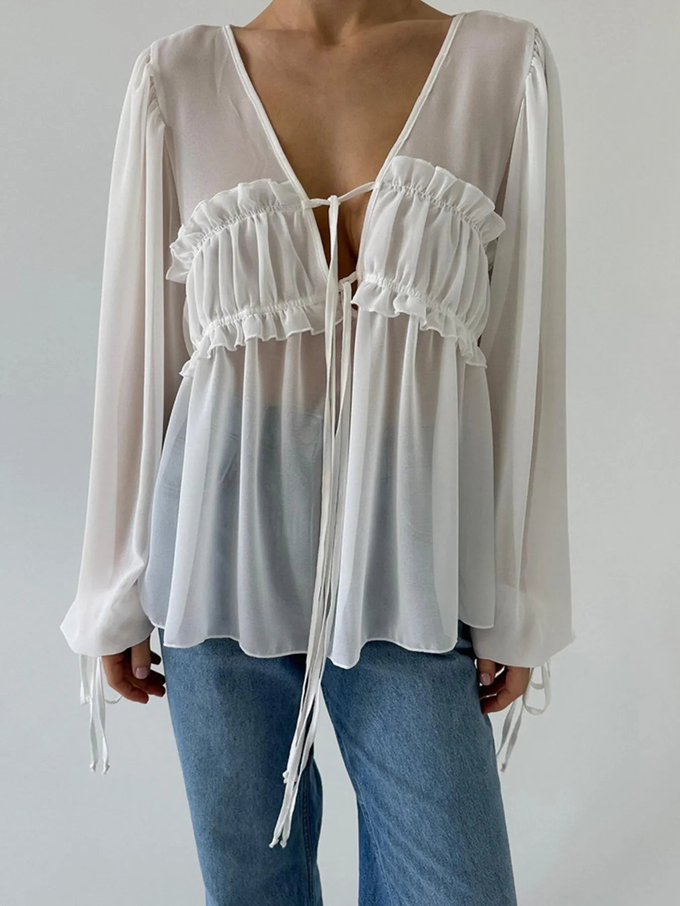 Ruffled Tie Front Long Sleeve Blouse - Tigbul's Variety Fashion Shop