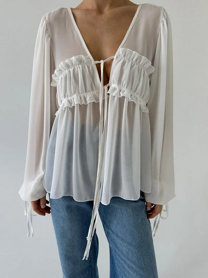 Ruffled Tie Front Long Sleeve Blouse - Tigbul's Variety Fashion Shop
