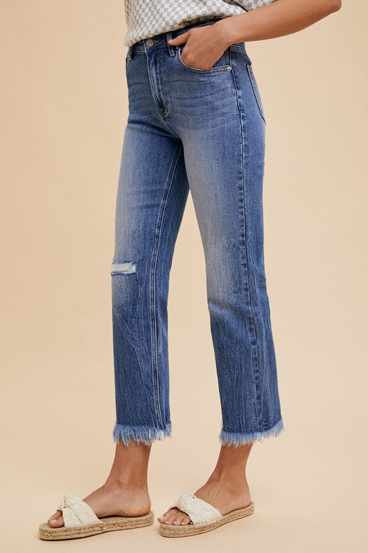 Blue Distressed Raw Hem Straight Leg Cropped Jeans - Tigbul's Variety Fashion Shop