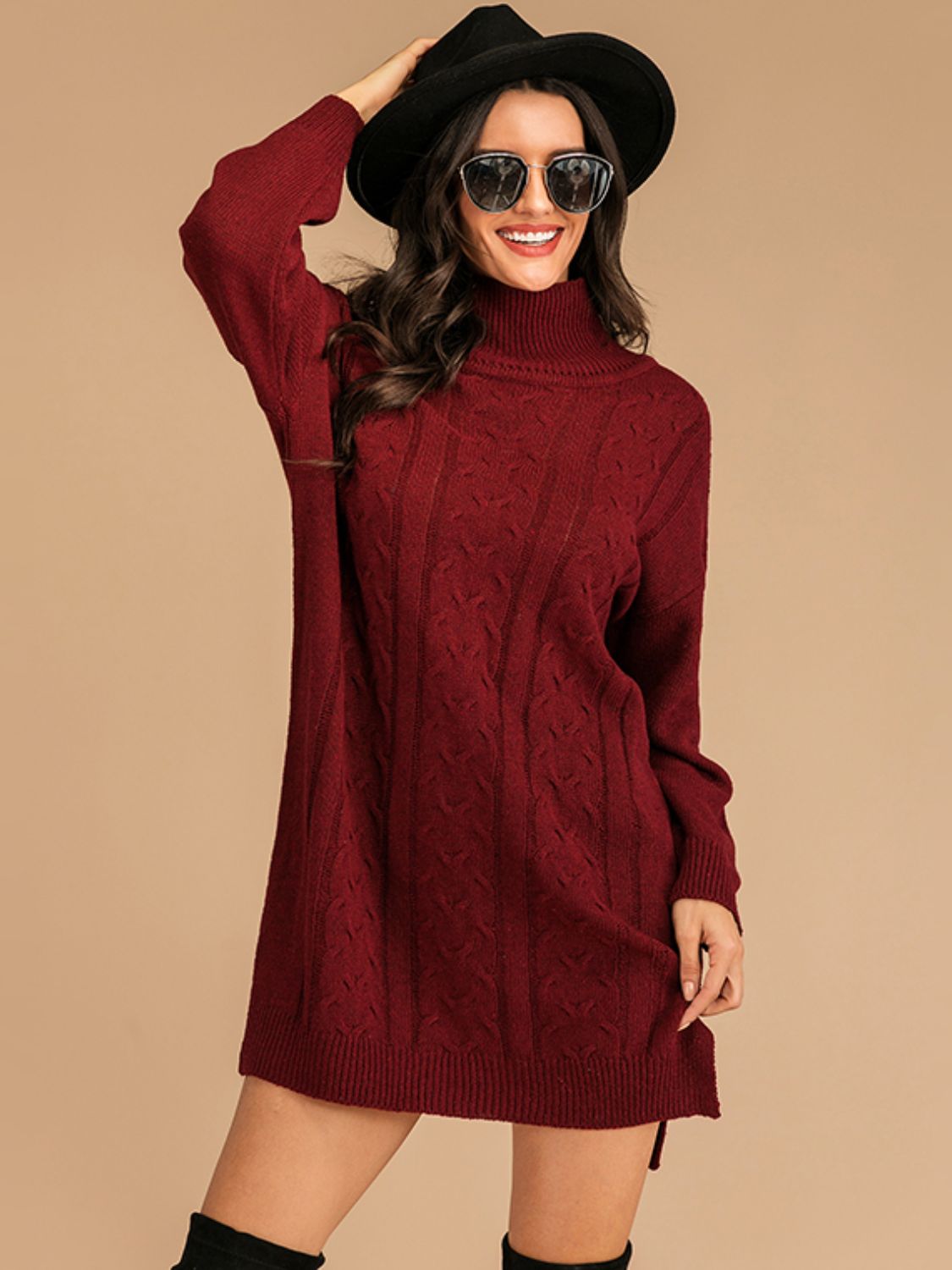 Perfee Slit Turtleneck Long Sleeve Mini Sweater Dress - Tigbul's Variety Fashion Shop