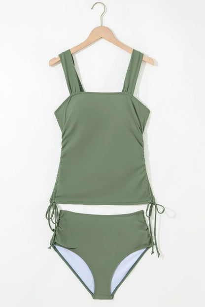 Drawstring Ruched Wide Straps Tankini Set - Tigbul's Variety Fashion Shop