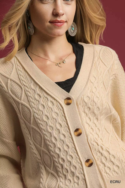 Umgee Chunky Cable Knit V-Neck Button-Up Cardigan - Tigbul's Variety Fashion Shop
