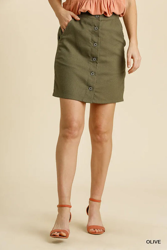 Umgee Linen Blend Button Down Skirt with Pockets - Tigbul's Variety Fashion Shop