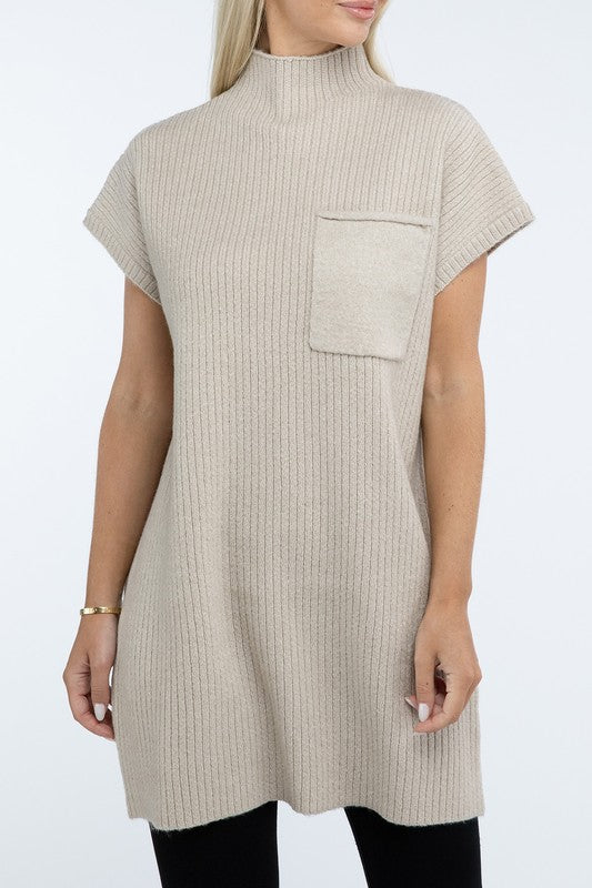 Mock Neck Short Sleeve Sweater Dress with Pocket - Tigbul's Variety Fashion Shop