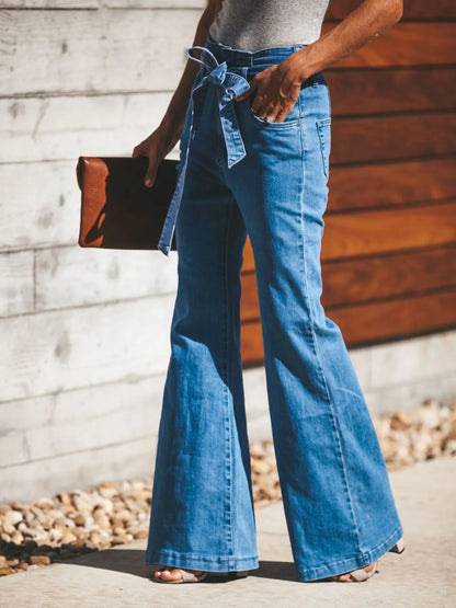 High-Waisted Tie-Front Flare Jeans - Tigbul's Variety Fashion Shop