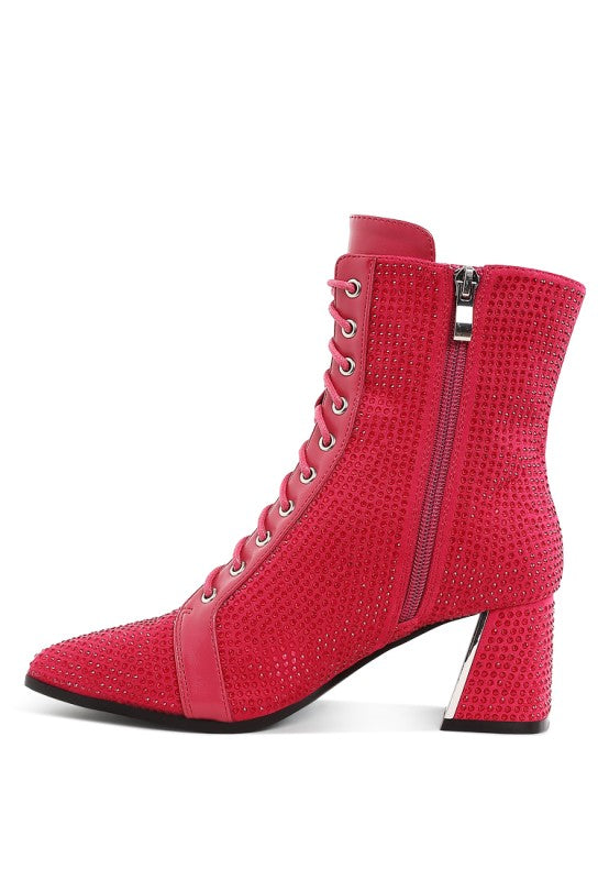 Fuchsia ankle boots with rhinestone texture and side zipper, block heel