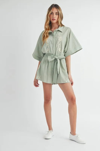 Embroidered Button Down Collared Neck Romper - Tigbul's Variety Fashion Shop