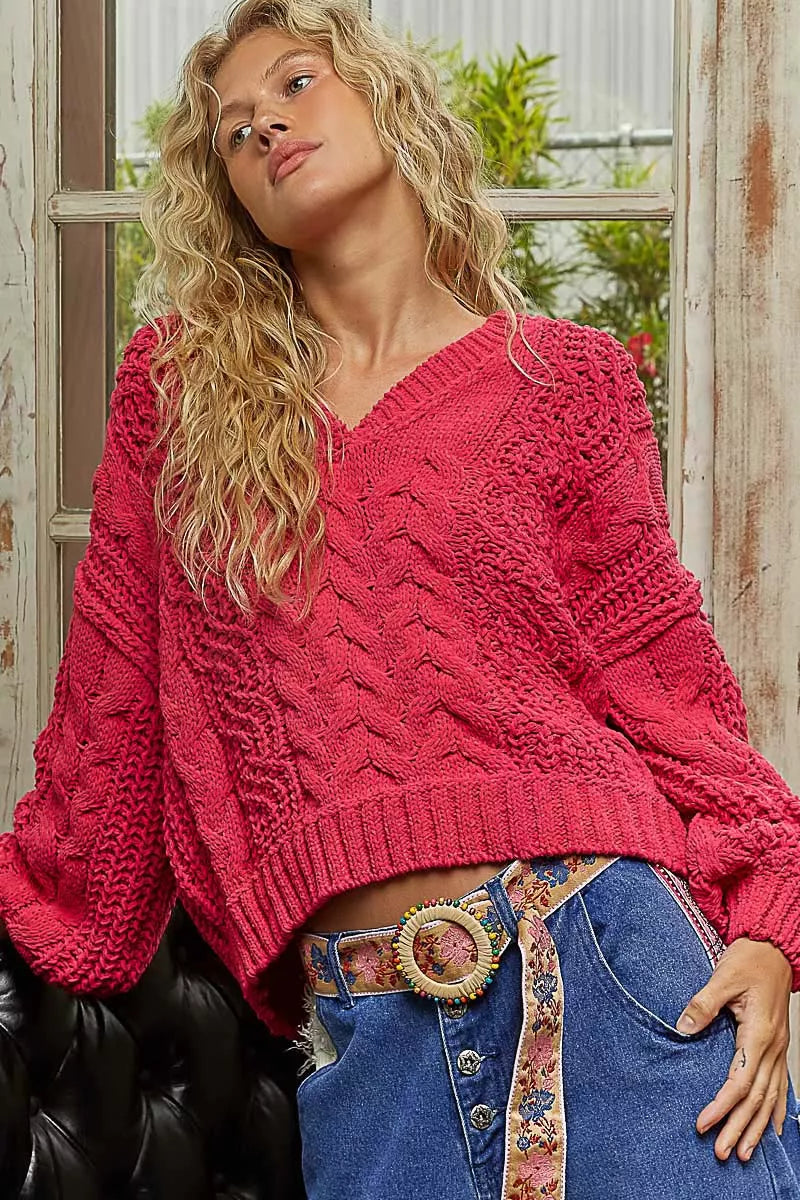 POL Cable-Knit Solid V-Neck Cropped Sweater - Tigbul's Variety Fashion Shop