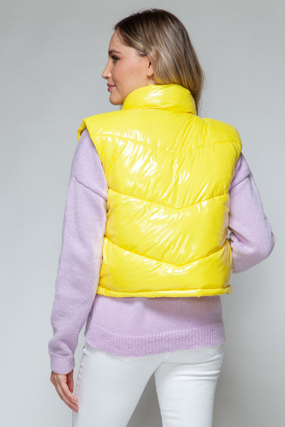 Yellow Zip Up Turtleneck Shiny Quilted Vest - Tigbul's Variety Fashion Shop