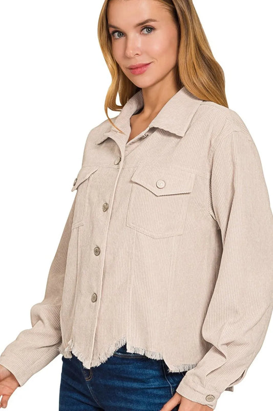 Zenana Distressed Corduroy Frayed Hem Cropped Jacket - Tigbul's Variety Fashion Shop