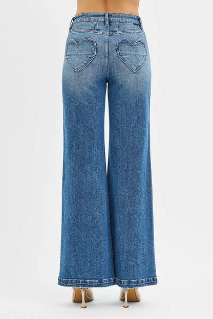 RISEN High Rise Wide Leg Jenas with Front Yoke and Heart Back Pocket - Tigbul's Variety Fashion Shop