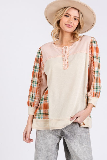 Pink Exposed Seam Button Detail Plaid Top - Tigbul's Variety Fashion Shop