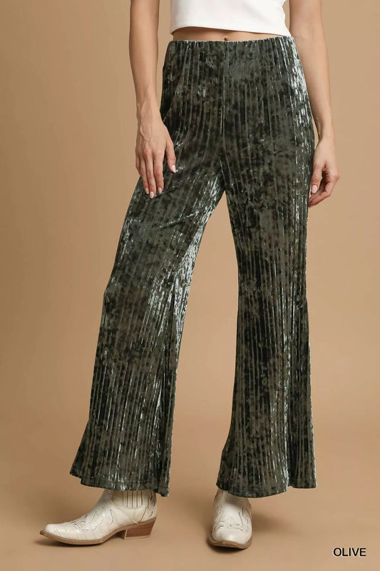 Umgee Velvet Pleated Wide Leg Pants - Tigbul's Variety Fashion Shop