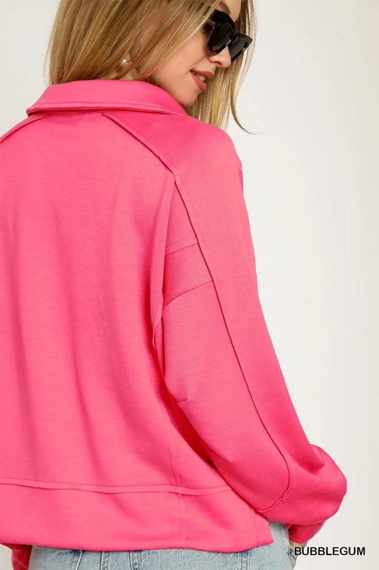 Umgee Exposed Seam Long Sleeve Polo Top with Side Slit - Tigbul's Variety Fashion Shop