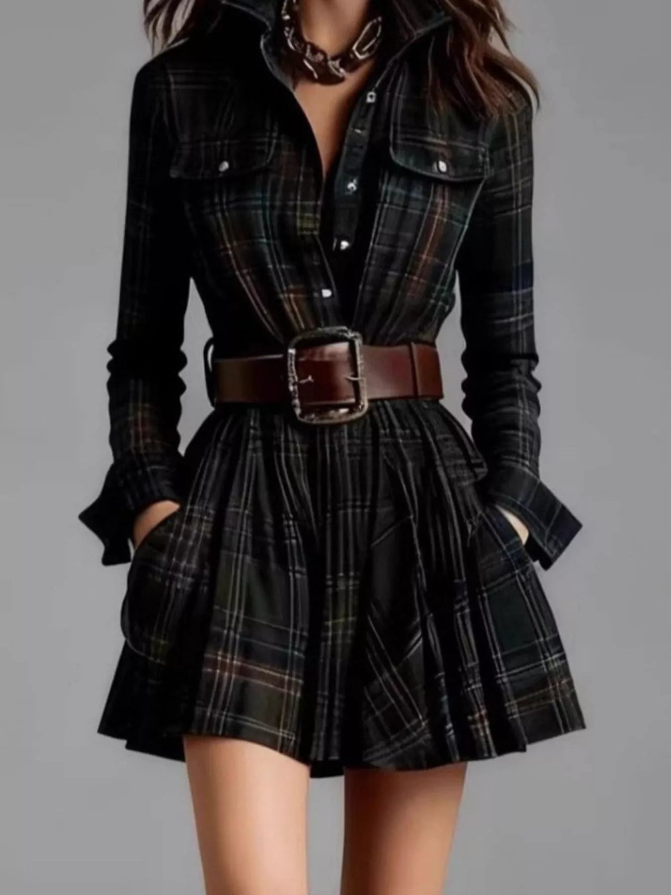 Plaid Long Sleeve Shirt Dress | Tigbuls Variety Fashion Shop