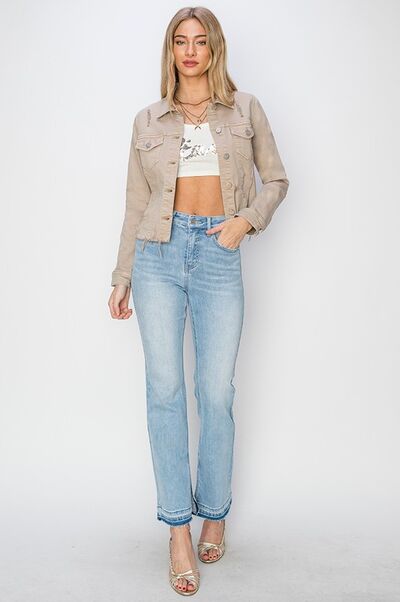 Khaki Raw Hem Button Up Cropped Denim Jacket | Tigbuls