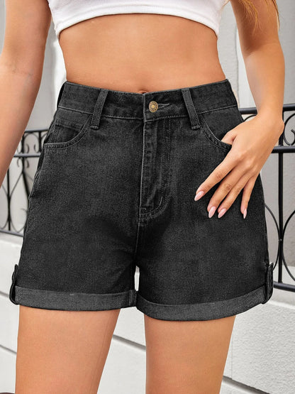 High Waist Rolled Hem Gradient Denim Shorts - Tigbul's Variety Fashion Shop