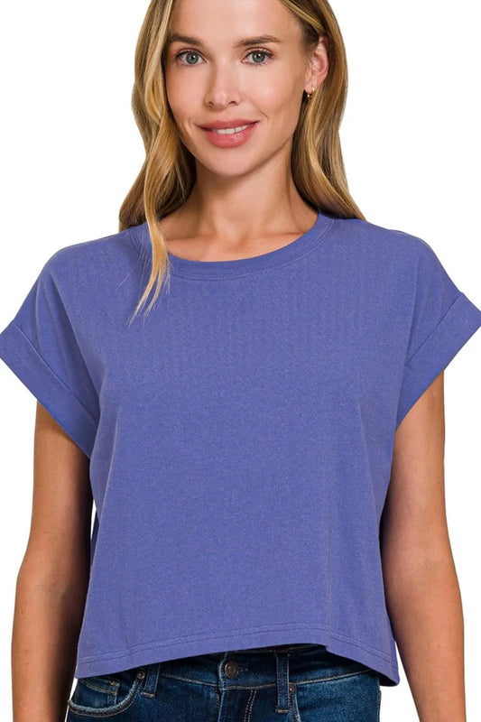 Zenana Cotton Folded Sleeve Top - Tigbul's Variety Fashion Shop