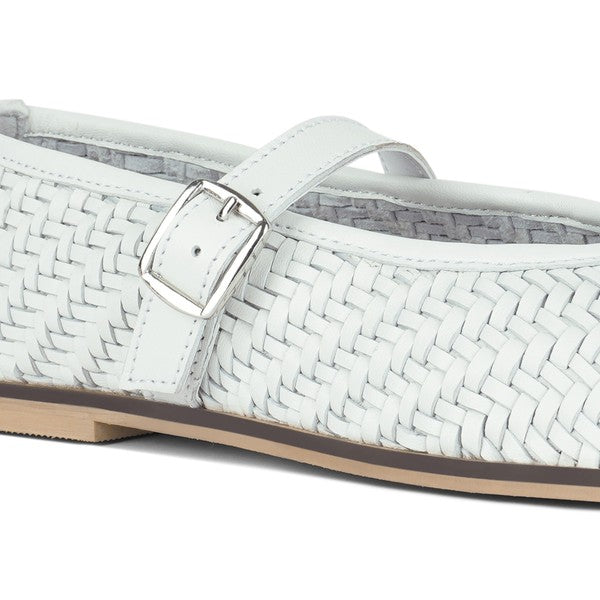 White woven leather ballerina upper with metal buckle detail and ankle strap