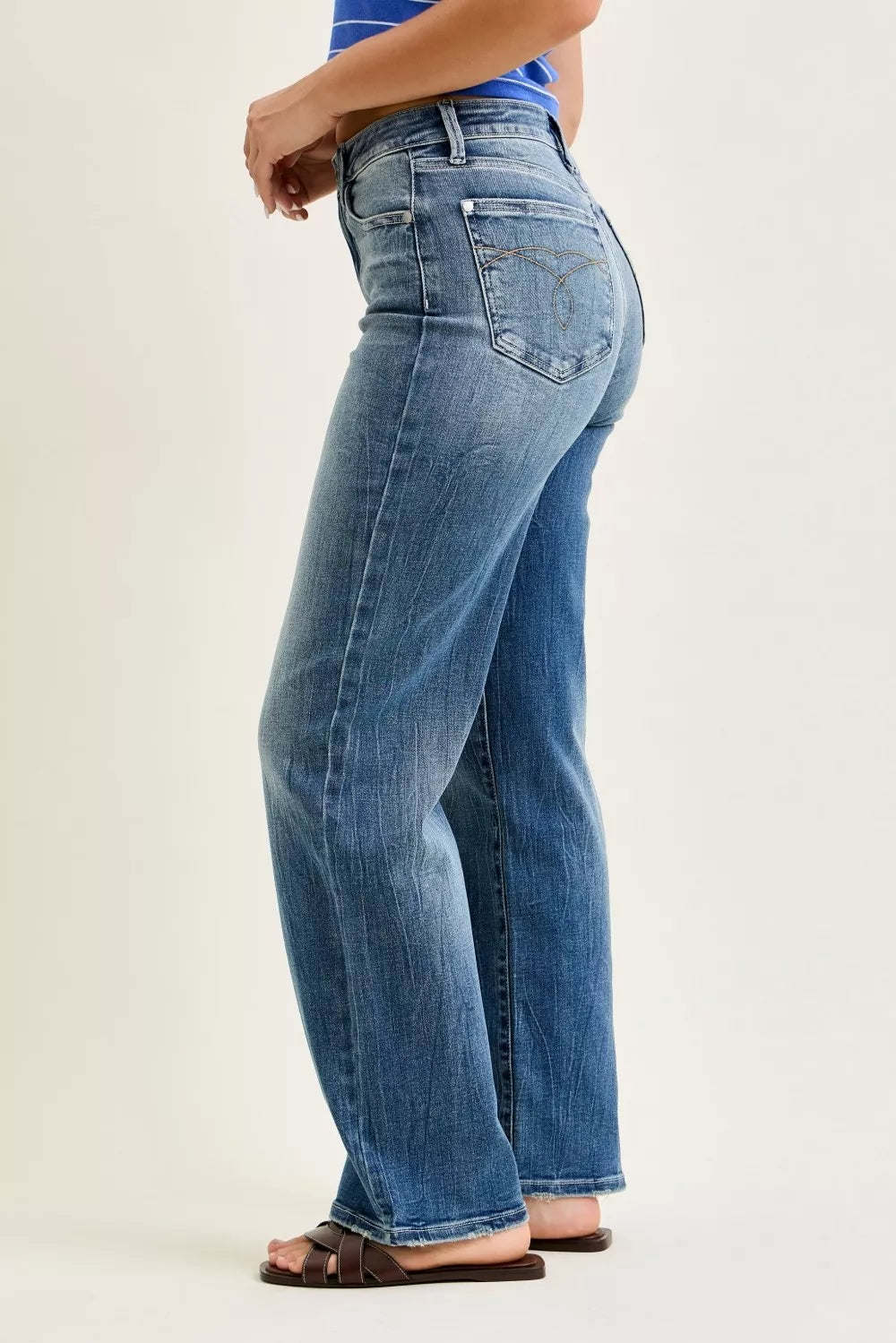Mid-rise 90s straight jeans, medium wash, relaxed straight leg silhouette