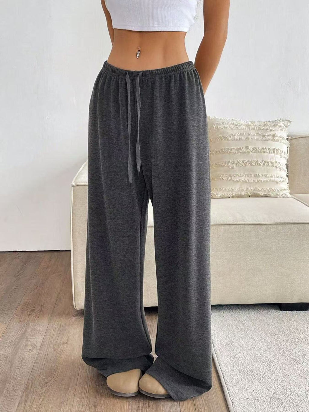 Relaxed Fit Drawstring Pants, dark gray wide-leg with elastic waistband