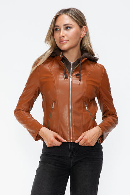 Faux Leather Zip Up Drawstring Hooded Jacket in Camel