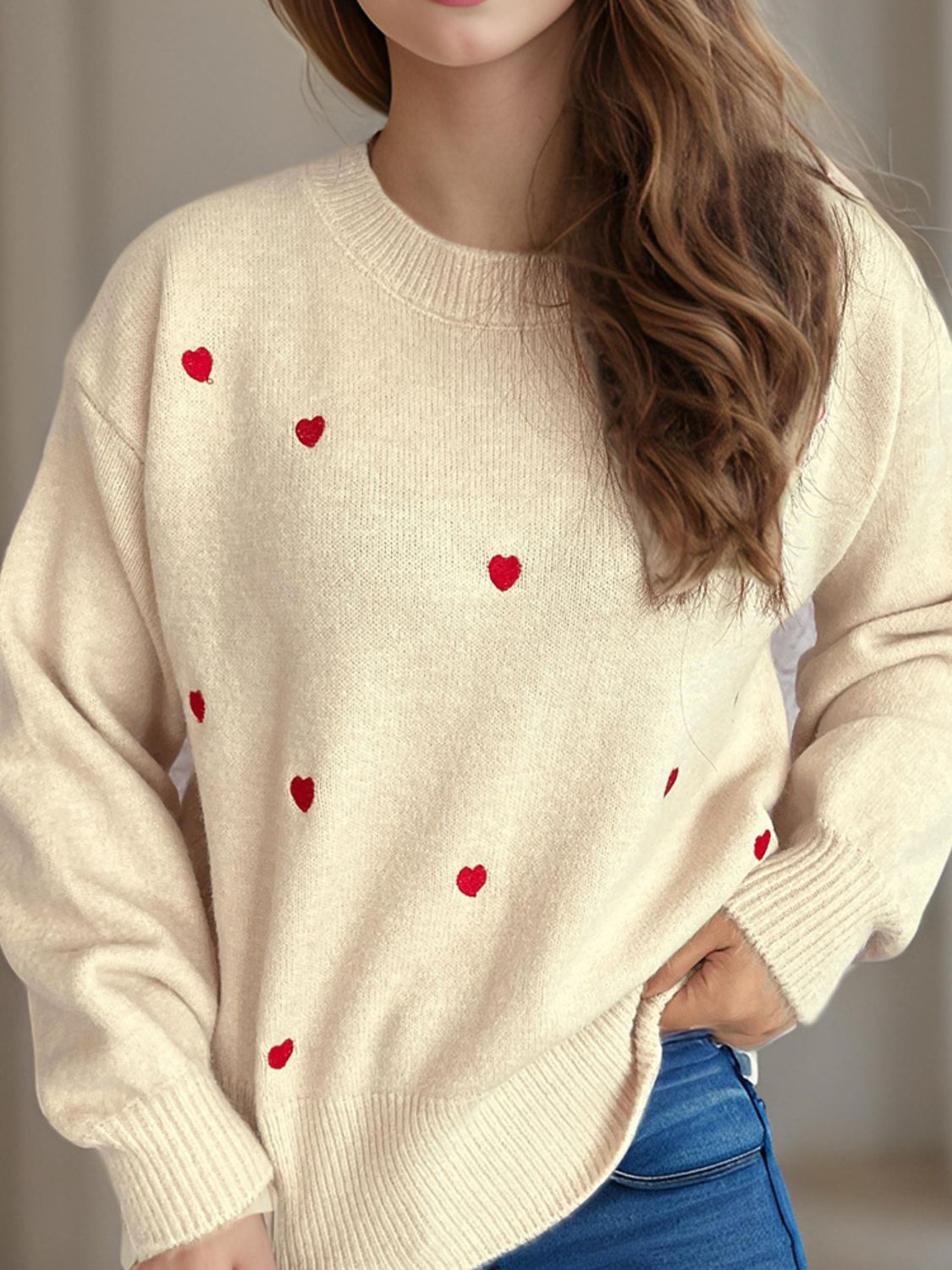 Heart Round Neck Long Sleeve Sweater - Tigbul's Variety Fashion Shop