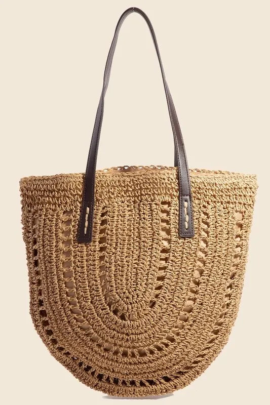 Tan Straw Braided Rounded Tote Bag - Tigbul's Variety Fashion Shop