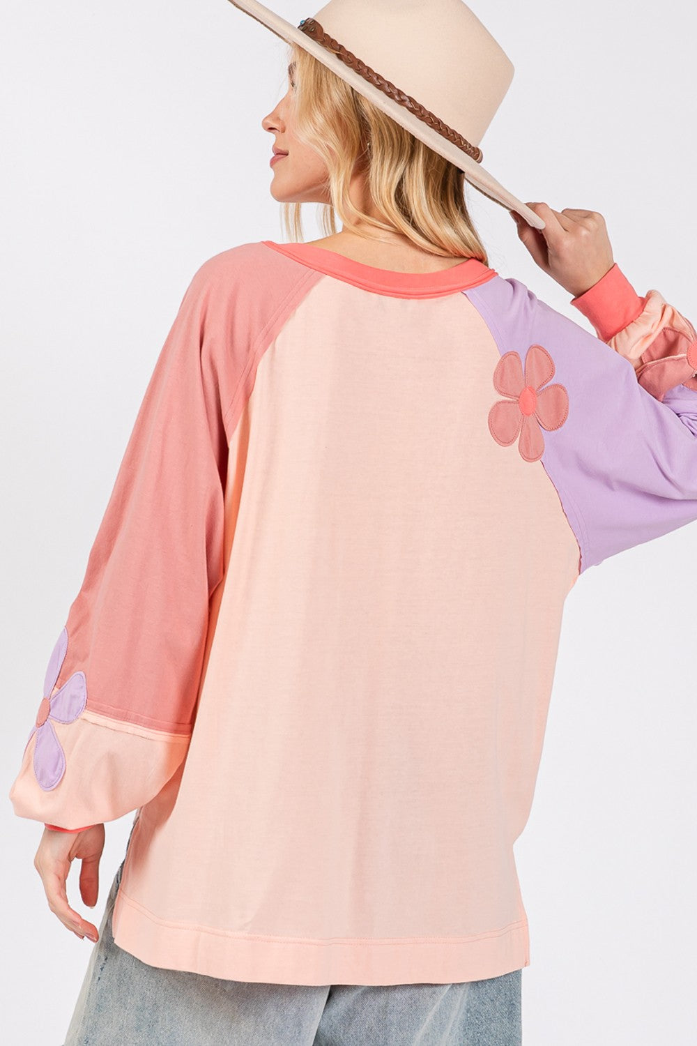 Daisy Applique Patch Color Block Long Sleeve Top - Tigbul's Variety Fashion Shop