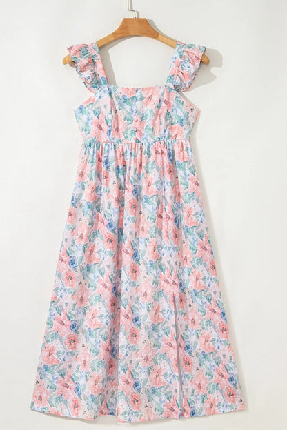 Pink Floral Colorblock Flutter Straps Flowy Dress - Tigbul's Variety Fashion Shop