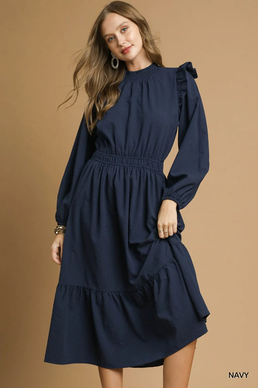 Umgee Textured Midi Dress with Ruffle Shoulder Detail - Tigbul's Variety Fashion Shop