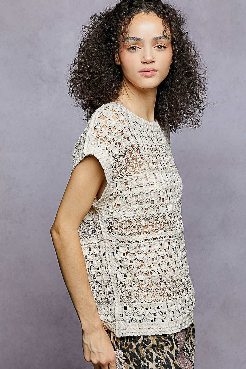 Natural crocheted top, cap-sleeve length, open circles and striped yoke detail