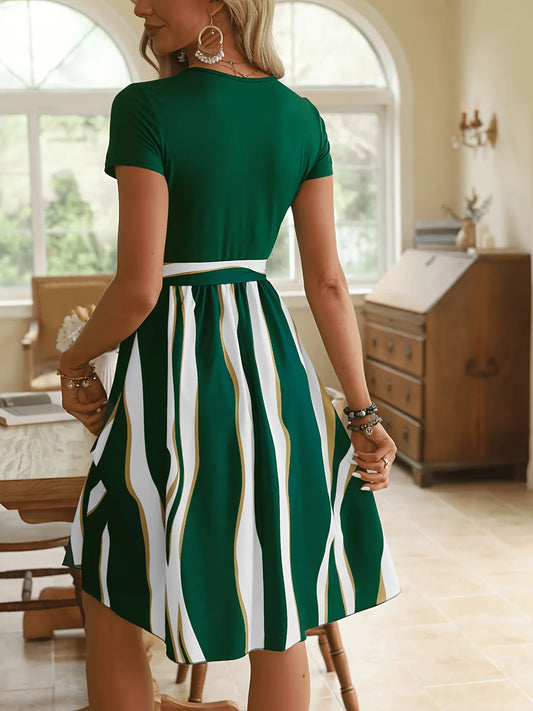 Striped Short Sleeve Tie Waist Dress - Tigbul's Variety Fashion Shop