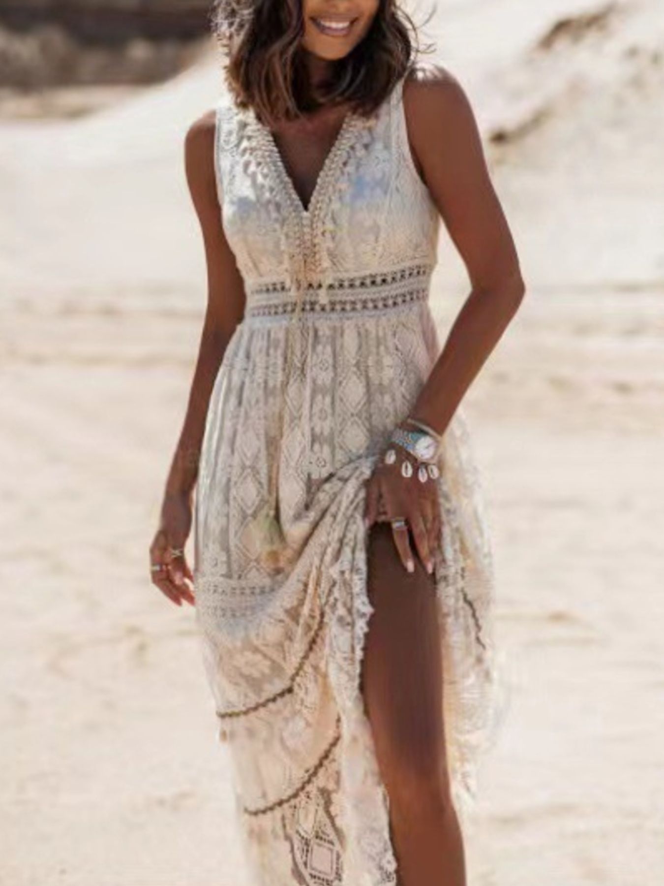 Lace V-neck sleeveless maxi dress in apricot, tiered patterned bodice and skirt
