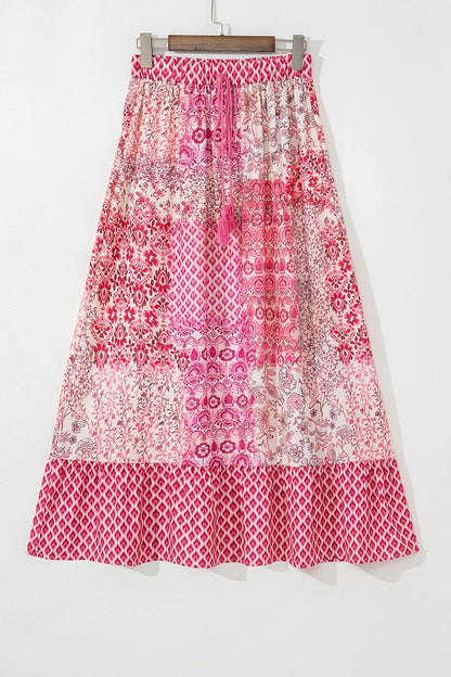 Printed Tassel Drawstring Pink High Waist Maxi Skirt - Tigbul's Variety Fashion Shop