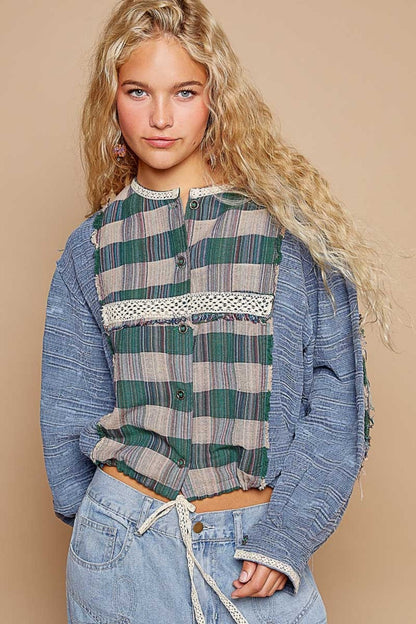 Blue Round Neck Long Sleeve Plaid Shirt | Tigbuls Variety